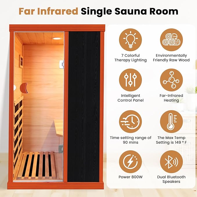 1 Person Sauna Far Infrared Sauna 800W Indoor Home Sauna Low EMF 110V with Control Panel 7 Color Light 28.7 * 35.2 * 61.4 inch