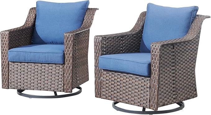 Outdoor Patio Wicker Swivel Chairs - Set of 2 Outside Resin Rattan Rocker Glider Gliding Chair Rocking Armchairs for Front Porch Balcony Backyard Yard Deck Poolside Apartment – Brown/Blue