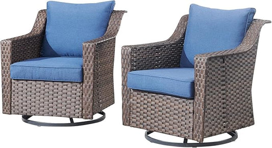 Outdoor Patio Wicker Swivel Chairs - Set of 2 Outside Resin Rattan Rocker Glider Gliding Chair Rocking Armchairs for Front Porch Balcony Backyard Yard Deck Poolside Apartment – Brown/Blue