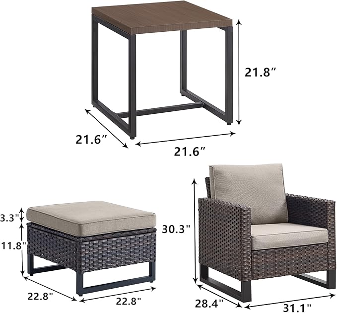 Rilyson Wicker Outdoor Patio Furniture Set - 5 Piece Patio Conversation Set with 2 Wicker Armrest Chairs,2 Rattan Ottoman and 1 Metal Side Table for Outside Porch Deck Backyard Garden(Brown/Grey)