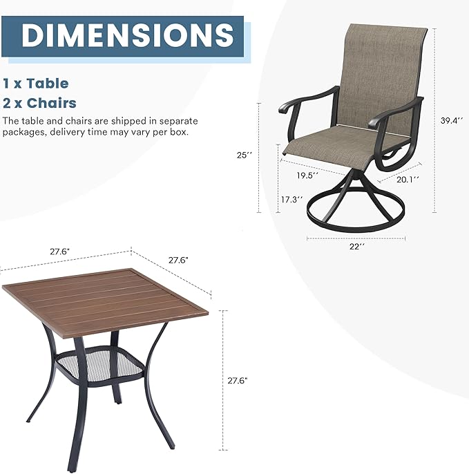 DIFY 3 Pieces Outdoor Patio Dining Set for 2, 27.6" Small Walnut Square Metal Dining Table and 2 Brown Textilene Swivel Dining Chairs, Outdoor Table and Chairs