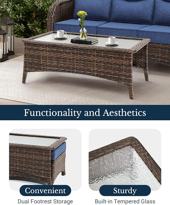 HILLGA Luxury Patio Furniture Set with 6-Inch Thick Cushions, High Back Outdoor Swivel Rocker Chairs and Patio Couch, 7-Piece All Weather Conversation Set for Porch Deck Pool Yard, Blue (V3)