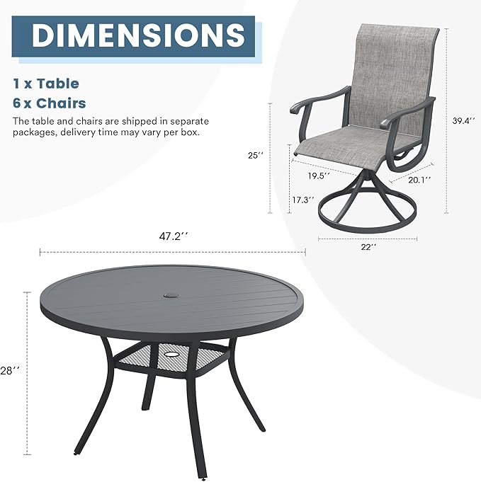 DIFY 7 Pieces Outdoor Patio Dining Set, 6 Grey Textilene Swivel Dining Chairs and 47.2" Grey Round Dining Table, Metal Outdoor Table and Chairs