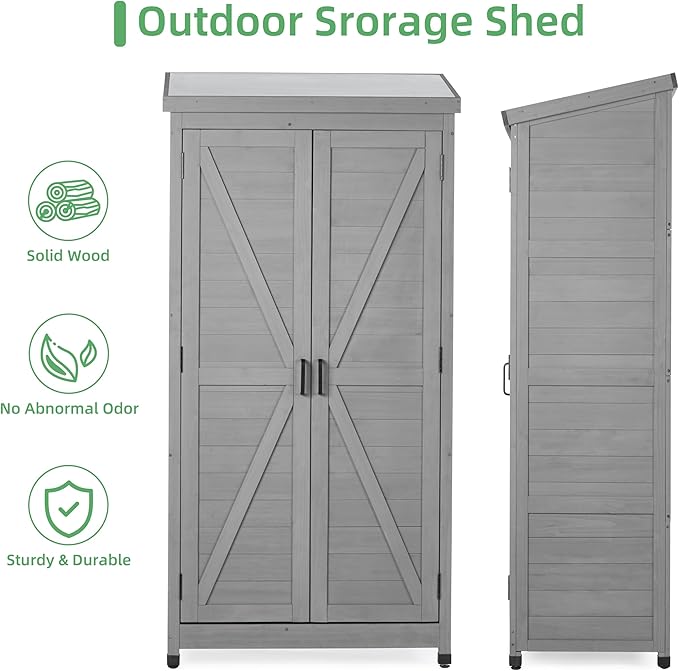 68''x33''x20'' Outdoor Wooden Storage Shed with Metal Top Tall Vertical Tool Cabinet for Backyard Garden Patio Lawn (Grey)