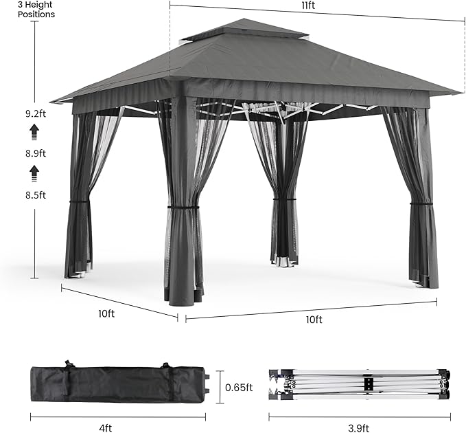 Bealife 11x11 Pop Up Gazebo Tent with Mosquito Netting, Outoor Canopy Tent with 4 Sandbags, 8 Stakes, 4 Ropes, Roller Bag, Pop Up Canopy Tent for Lawn Backyard Garden Deck, Grey