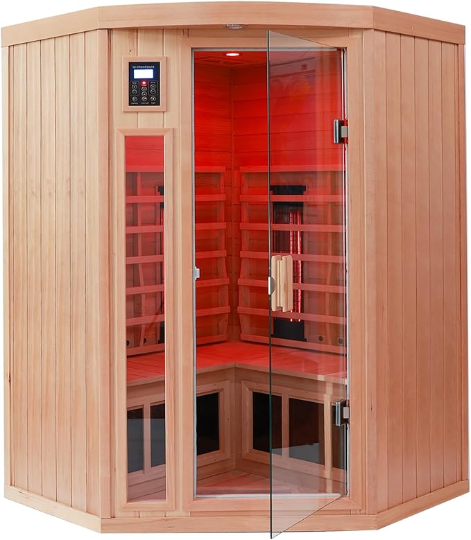 2-3 Person Infrared Saunas for Home, Low EMF Ceramic Infrared Sauna, Indoor Home Sauna Spa, Hemlock Wooden Corner Suana Room, Bluetooth Speakers, Chromotherapy Lights