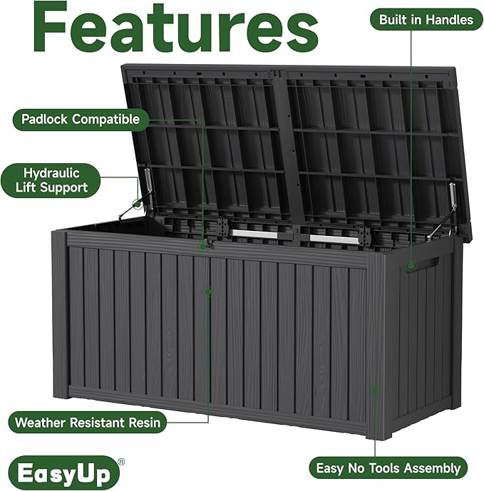 EasyUp 180 Gallon Outdoor Storage Box Waterproof, UV Resistant Resin Deck Box with Hydraulic Rod, Reinforced Stability for Patio, Garden, and Pool, Striped Black