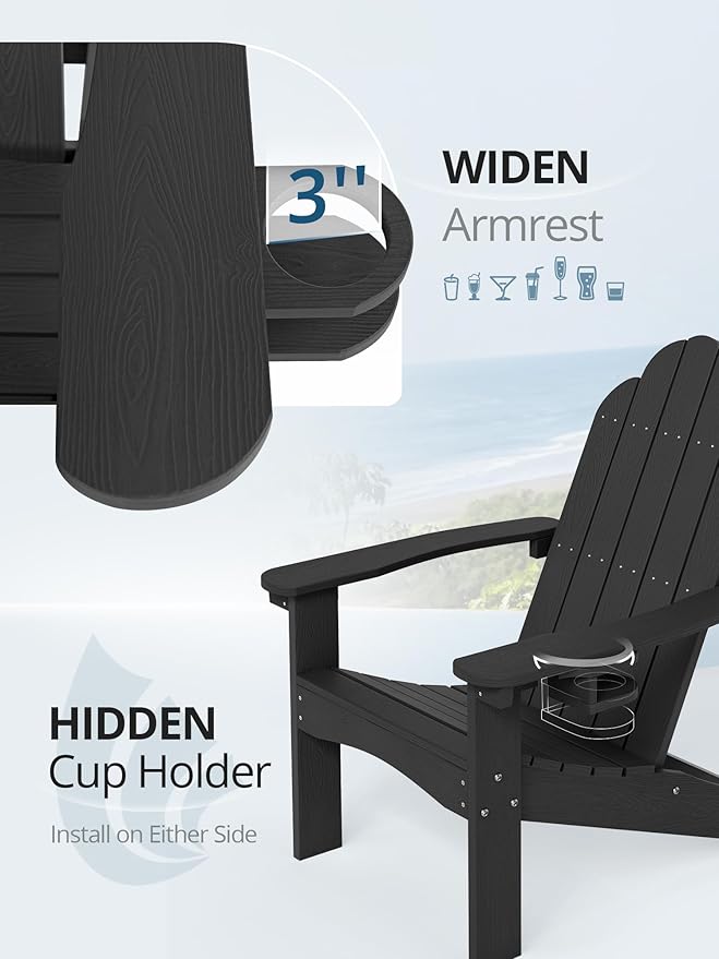 LUE BONA HDPE Adirondack Chairs Set of 4,Plastic Adirondack Chairs with Cup Holder Weather Resistant for Outdoor, Patio, Lawn, Garden, Backyard Deck, Fire Pit, Black