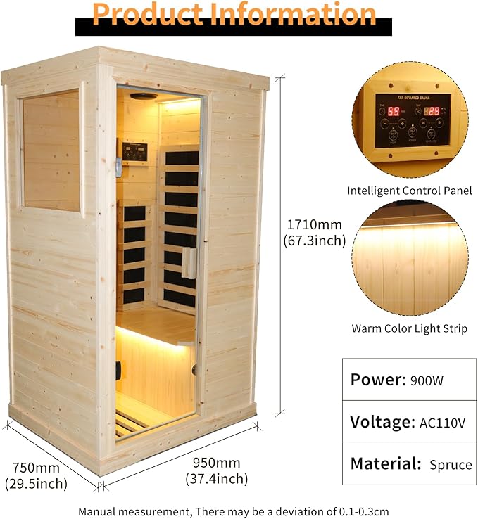 Far Infrared Wooden Sauna Room Home Saunas Spa Dry Saunas Single Person Spa Finland Spruce Wood fit for 7ft Person