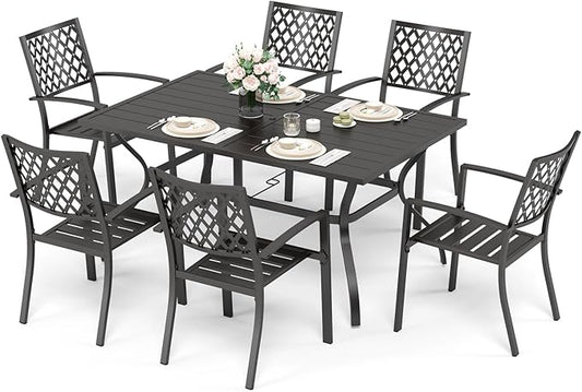 Sophia & William Patio Dining Set Metal Outdoor Table and Chairs Furniture Set 7 Piece, Large 60.2" Dining Table with Umbrella Hole and 6 Backyard Garden Chairs Support 300LBS for Deck, Lawn, Garden