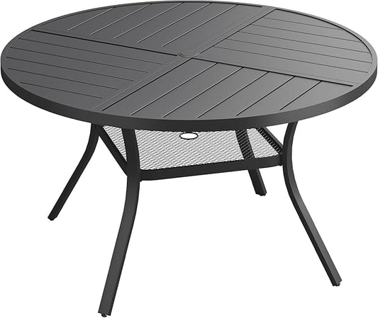 VICLLAX Outdoor Patio Round Dining Table, 47.2"x 47.2" Spliced Metal Tabletop with Storage Shelf for Deck Lawn Garden Backyard, Black