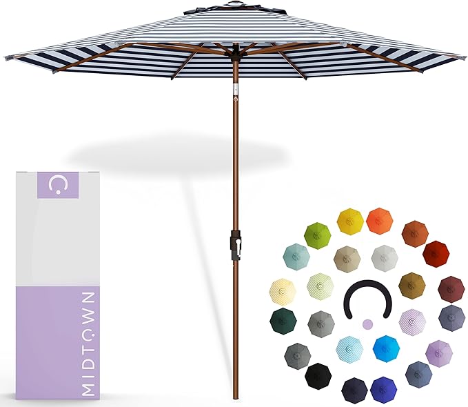 Midtown Umbrellas Wooden 2-9 Feet Outdoor Patio Umbrella, Terylast Navy & White Stripes Fabric, Aluminum Frame For Backyard Umbrella, Deck Umbrella, Garden Umbrella & Pool Umbrella - Wooden Pole