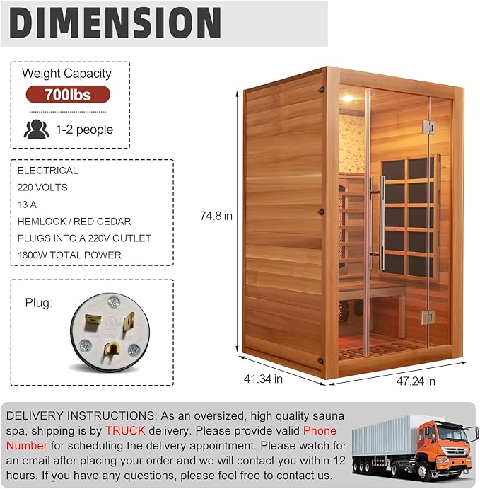 Infrared Sauna Room with WiFi Control, 2 Person Canadian Cedar Wood Indoor Saunas Spa with Red Light Therapy, Oxygen Bar, Speaker, Backrest, 1800W/220V, Ideal Sauna for Gym, Home