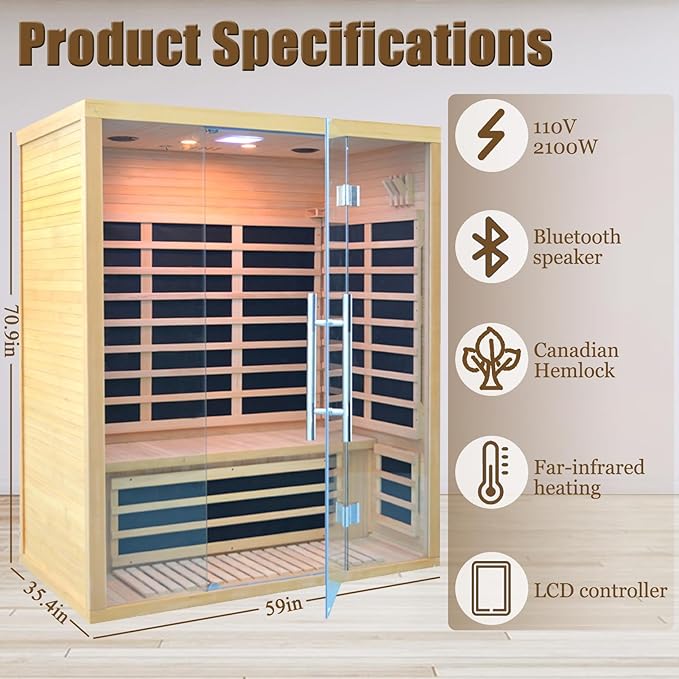 Homsido 2-3 Person Indoor Infrared Sauna, 11 Low EMF Far Infrared Carbon Panel Hemlock Wood Sauna Room Indoor Home Sauna with Tempered Glass Door,Bluetooth Speakers, Chromotherapy Lights(110V, 2100W)