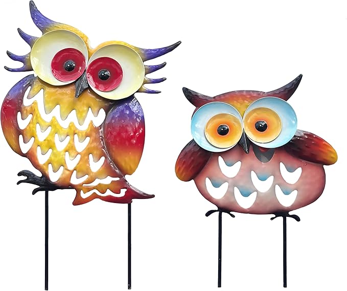 Pack of 2 Metal Fresh Color Owl Garden Statues Silhouette Couple Stakes Decorative Outdoor Animal Sculptures for Yard Décor and Lawn Ornaments