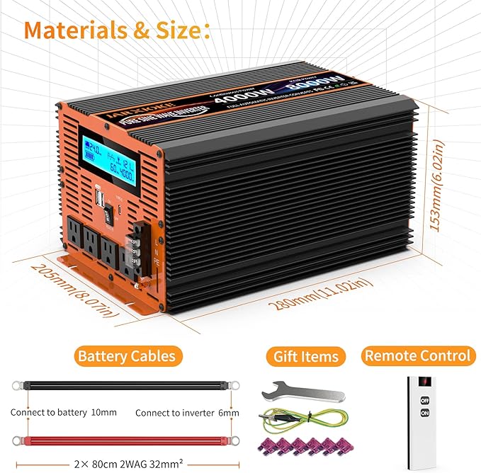 4000 Watt Pure Sine Wave Power Inverter 24V DC to 110V 120V Converter for Family RV Off Grid Solar System Car with Type-C Ports 4 AC Power Outlets Dual USB Ports LCD Display and Remote Control