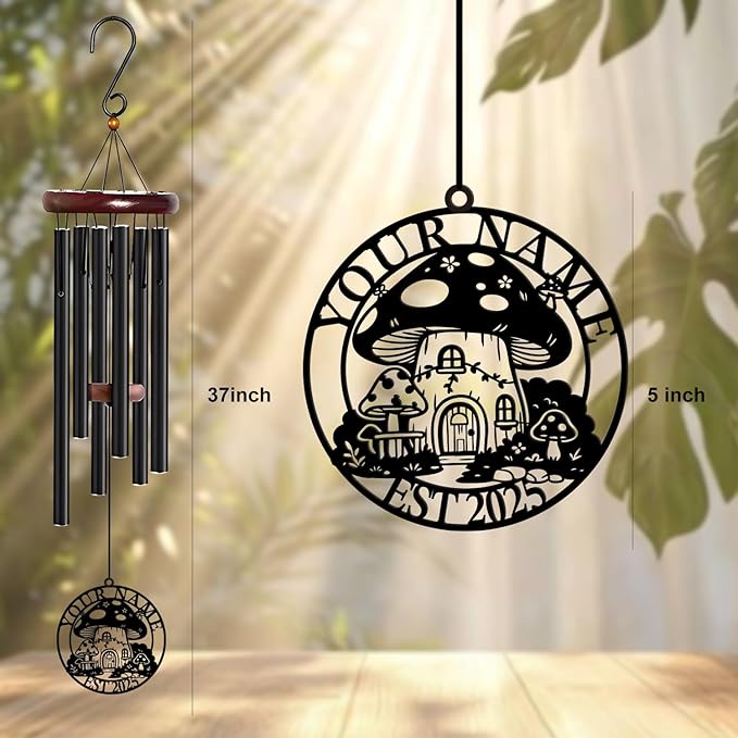 Personalized Customize Name Fantasy Mushroom Wonderland Wind Chime, Metal Iron 37 Inch Outdoor Memorial Gift for Garden Yard Patio Home Decor, Black (Style E)