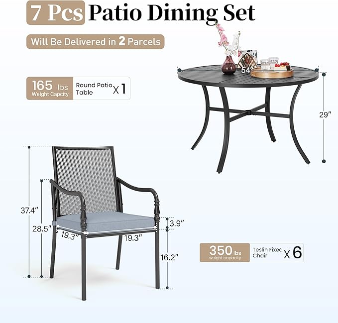 Patio Table and Chairs Set of 6, All-Weather Breathable Metal Mesh Patio Chair with Gourd-Shaped Armrests, 54x54 Round Table with Umbrella Hole, 7 Pcs Metal Frame Patio Dining Set