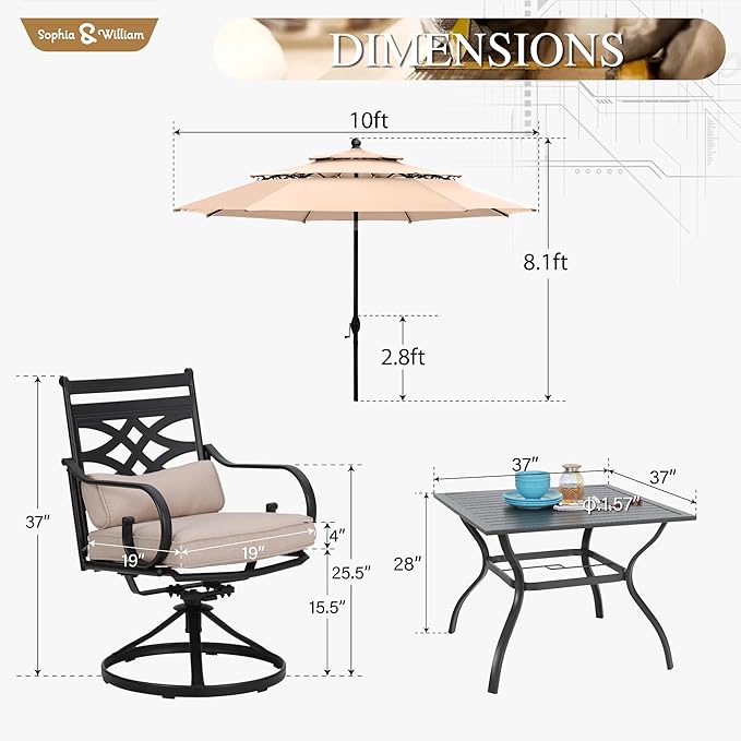 Sophia & William Swivel Patio Dining Set for 4 | 10ft Patio Umbrella Beige | Removable Seat Cushions | Black 37" Patio Dining Table