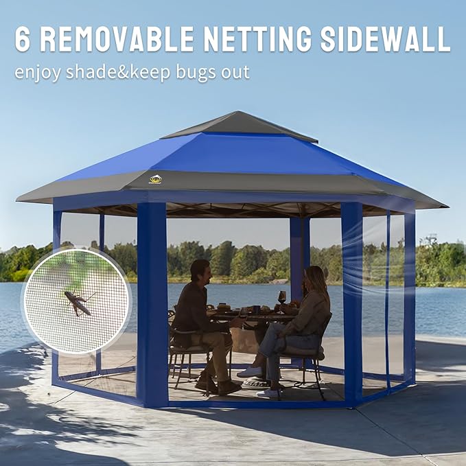 CROWN SHADES 13x13 Pop up Gazebo with Mosquito Nettings, Patented Center Lock 6-Sided Portable Gazebo, 300D Silver-Coated Fabric UV Resistant, Pop Up Canopy Tent for Patio, Party, Blue&Light Grey