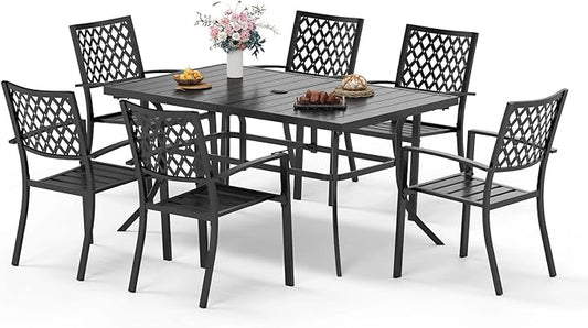 Sophia & William Patio Table and Chairs Set, Outdoor Dining Set for 6, 7 Piece Metal Patio Furniture, 60" Black Rectangular Table(Diamond)