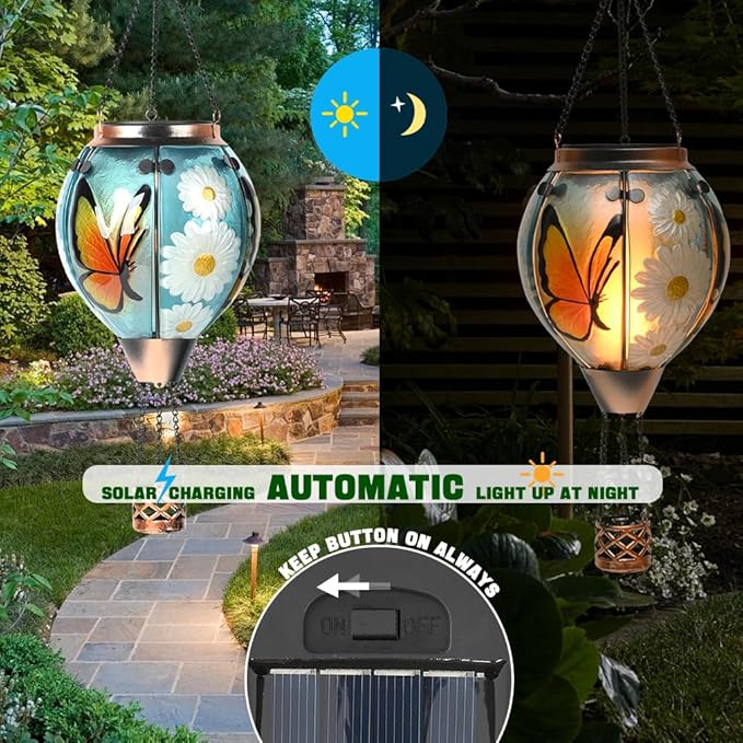 Hot Air Balloon Solar Lantern - Butterfly Stained Glass Lantern, Simulated Flickering & Dancing Flame, Outdoor Hanging Yard Light Waterproof IP65 for Patio Lawn Porch Decor Gift