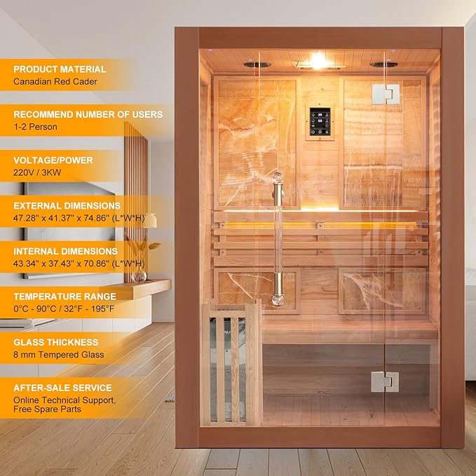 Smartmak Wood Home Steam Sauna, 2 Person Canadian Red Cedar Traditional Luxurious Wooden Indoor Spa Room, with 3 kw Heater, Bluetooth Speaker, Rocks, Water Bucket, Spoon, Lights