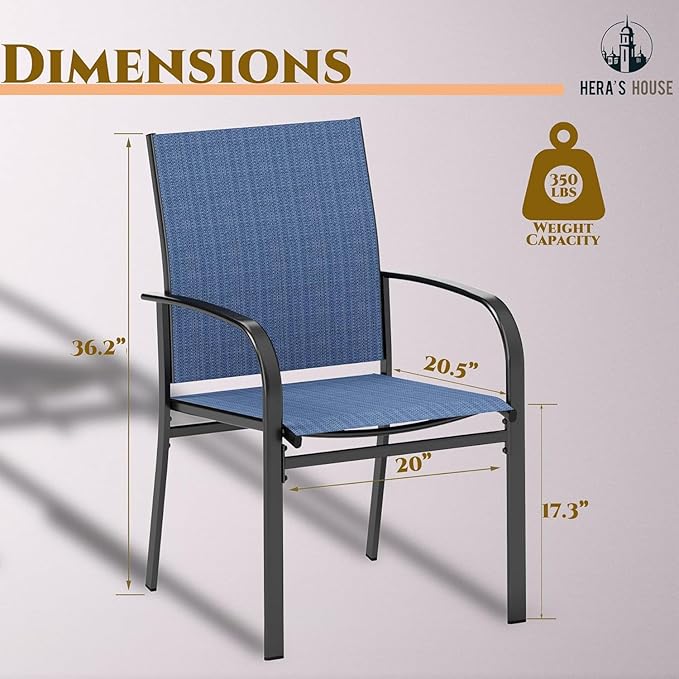 HERA'S HOUSE Outdoor Dining Chairs Set of 6, 36" Textilene Fabric Patio Chairs with Wrought Iron Metal Frame Support 350lbs for Lawn Garden Backyard Deck, Blue