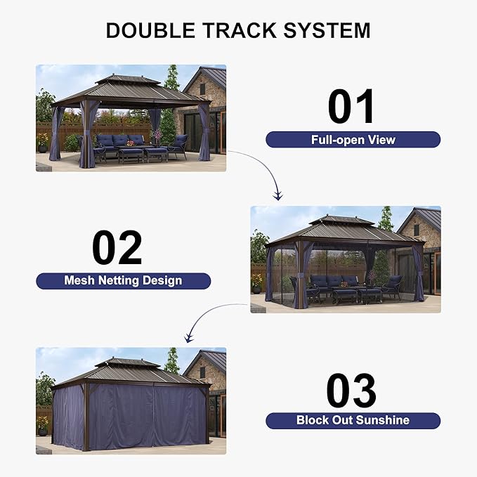 PURPLE LEAF Hardtop Gazebo 12' X 16' Metal Roof with Netting and Curtains Hard Top Backyard Patio Gazebos Permanent Canopy Deck Garden Hot Tub Outdoor Pavilion
