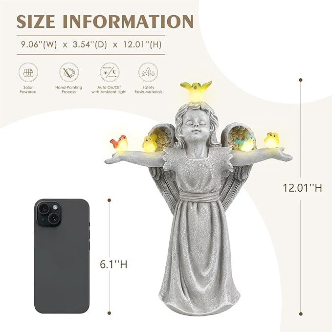 MININOVA Solar Angel Garden Statue with 5 Birds Solar Lights, Resin Cherub Figurine Outdoor Decor for Garden Porch Yard, Gift for Women Mothers Day Birthday Housewarming