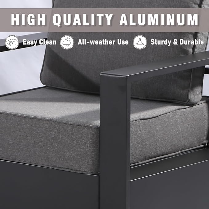 3 PCS Aluminum Patio Conversation Set - Outdoor 3-Seater Sofa, 2 Fixed Chair with 6" Thick Water-insistant Cushions, All-Weather Use Frame, Removable Cover, Ideal for Garden, Poolside (Grey)