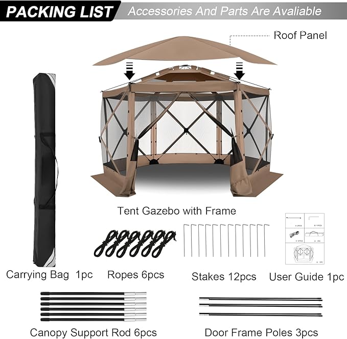 COBlZl Pop Up Gazebo 12x12 Screen House Tent for Camping, Outdoor Instant Stargazing Gazebo Canopy with Awning 2.0, Portable Hub Tent with Mosquito Netting, Pavilion for Backyard,Khaki