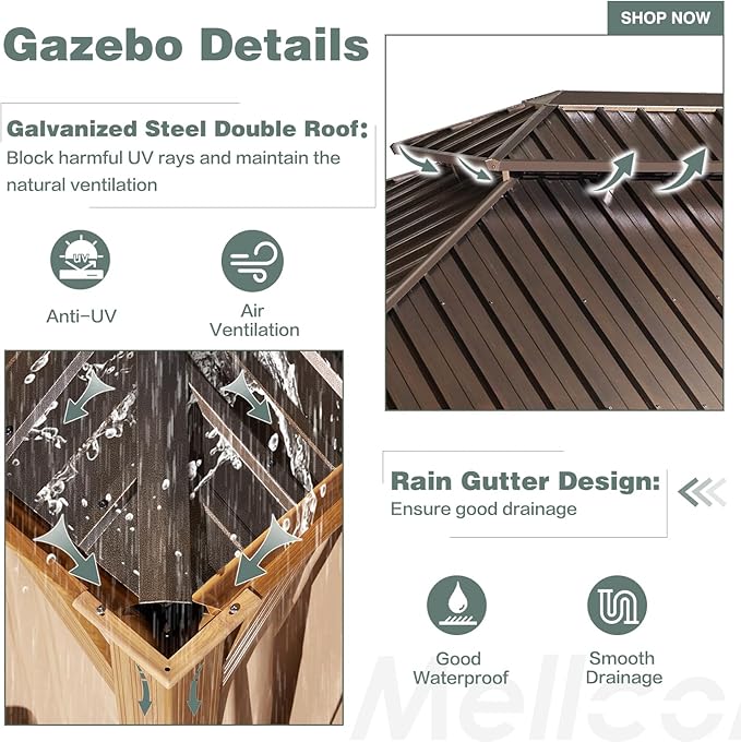MELLCOM 12'x16' Hardtop Gazebo, Wood Grain Aluminum Frame Outdoor Gazebo with Double Galvanized Steel Roof, Permanent Metal Pavilion with Curtains and Nettings for Patio, Backyard, Deck and Lawns