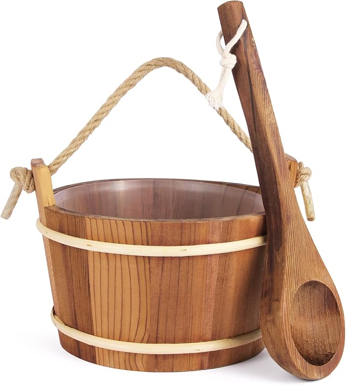Sauna Bucket and Ladle Set,1Gallon(4 liters) Sauna Bucket and 14.5″Sauna Ladle,Sauna Accessories Handmade from Premium Cedar Wood(Cedar Wood 4L)