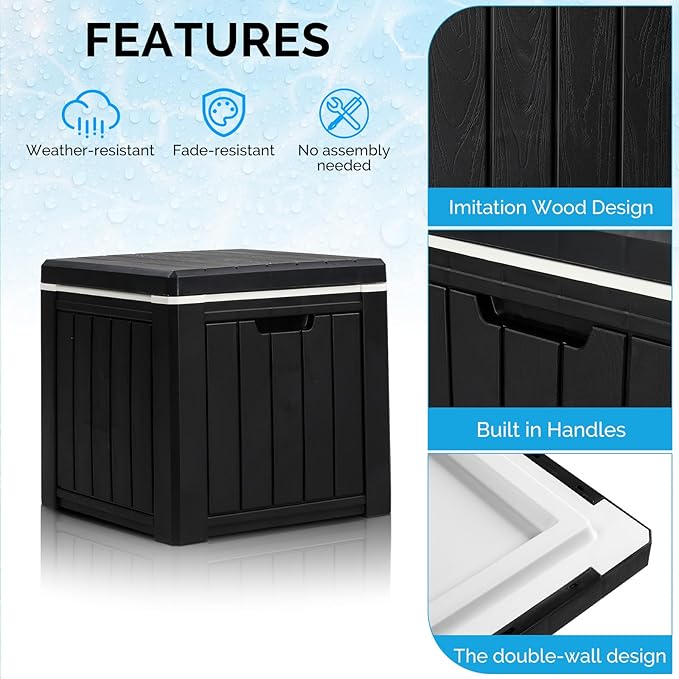 VINGLI 10 Gallon Outdoor Deck Box, Outdoor Patio Deck Box with Built-in Handles, All-Weather Square Storage Container for Garden, Poolside & Balcony (Black)