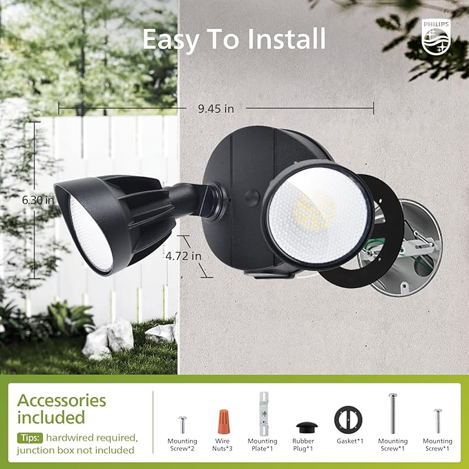 Philips 2 Packs 44W 3500LM ‌LED Security Flood Light‌ ‌Outdoor‌，Switch Controlled Aluminum ‌Security Light‌, 2 Adjustable Heads，5000K Daylight，Wet Location for Patio, Garden, Yard Lights