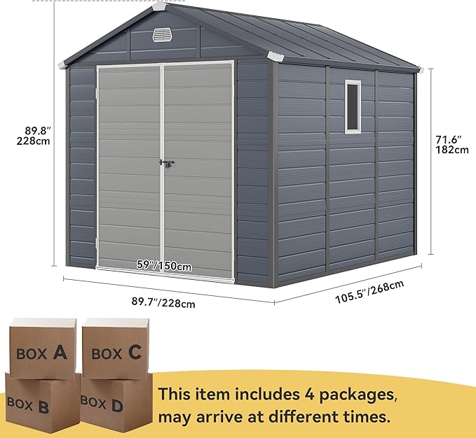DWVO 8x9FT Outdoor Storage Shed w/o Floor, All-Weather Plastic Shed with Lockable Doors, Window & Vents, Plastic Tool Shed for Backyard, Patio, Poolside, Lawn, Gray
