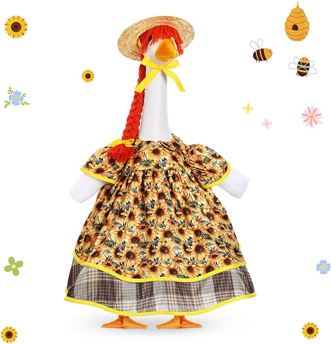 Fall Goose Outfit Harvest Sunflower Lawn Porch Cement Goose Clothes Harvest Skirts Hat Wig for Fall Thanksgiving Garden Outdoor Patio Yard Statue Art Decor(17 Inch)