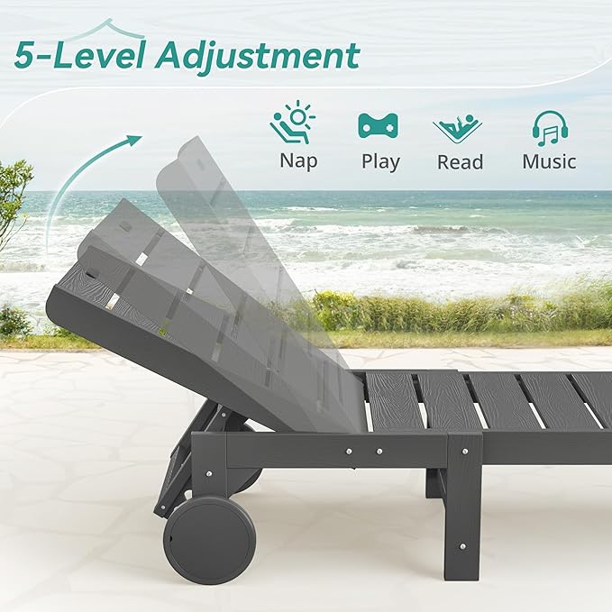Outdoor Chaise Lounge Chairs, 26.8” Super Wide Lounge Chair Outdoor, HDPS Pool Chairs with 5 Positions, Patio Lounge Chair with Wheels for Pool,Lawn,Backyard, Dark Gray