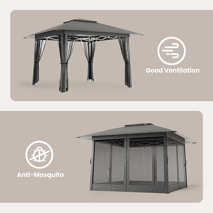 Bealife 13x13 Pop Up Gazebo Tent with Mosquito Netting, Outoor Canopy Tent with 4 Sandbags, 8 Stakes, 4 Ropes, Roller Bag, Pop Up Canopy for Lawn Backyard Garden Deck (Grey, 13x13)