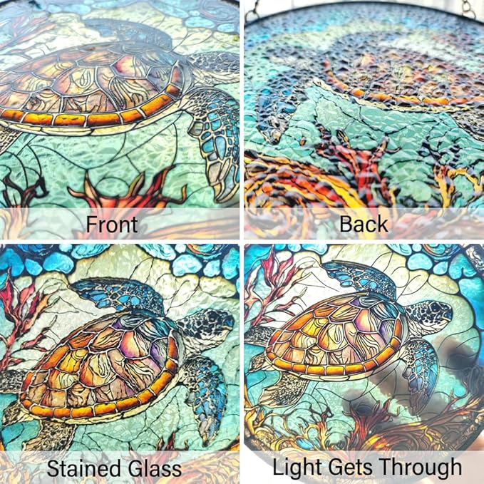 Sea Turtle Decor Suncatcher Stained Glass Window Hanging - Handmade Suncatchers for Windows with Hooks - Sea Art Glass Sun Catcher Indoor Outdoor Garden Mothers Day Birthday Gifts for Mom Grandma