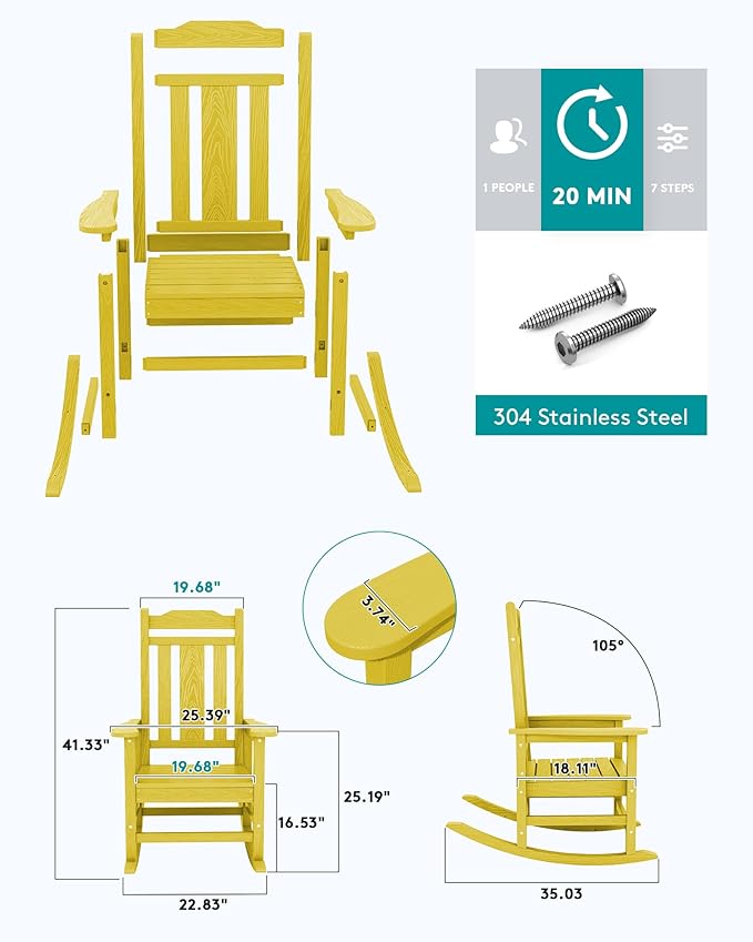 SERWALL Outdoor Rocking Chair Set of 4, Patio Rocking Chairs Set, HDPE Rocking Chair Outdoor for Adults, Heavy Duty Front Porch Rocker, Yellow