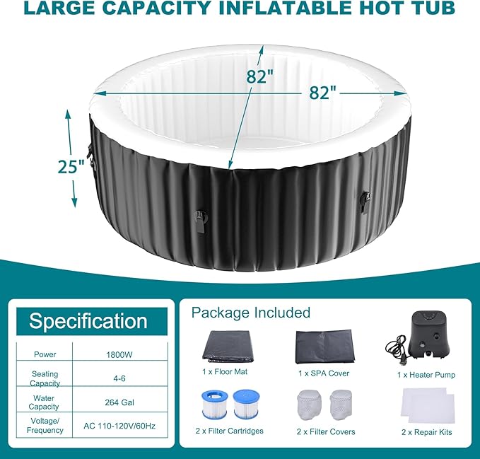 82" X 82" X 25" Hottub, 4-6 Person Inflatable Hot Tub, Portable Blow Up Hot Tub Round Portable Outdoor Spa with 130 Bubble Jets and Heater Pump, Filter