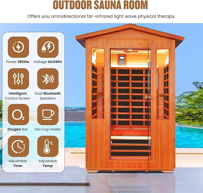Outdoor Sauna 2 Person Sauna Infrared Saunas Dry Sauna Room Red Cedar and Canadian Fir Wood Wooden Sauna Spa 2080W Red Light Lamp 48.8 * 38.19 * 81.89inch