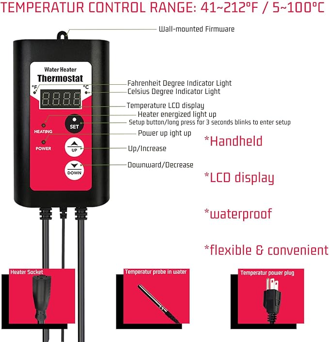 1800W Immersion Water Heater Portable Electric Hot Tub & Pool Fully Submersible Water Heater with Thermostat, GFCI Leakage Protection for Bathtub, Buckets, Swimming Pool, Baptistry, Pools