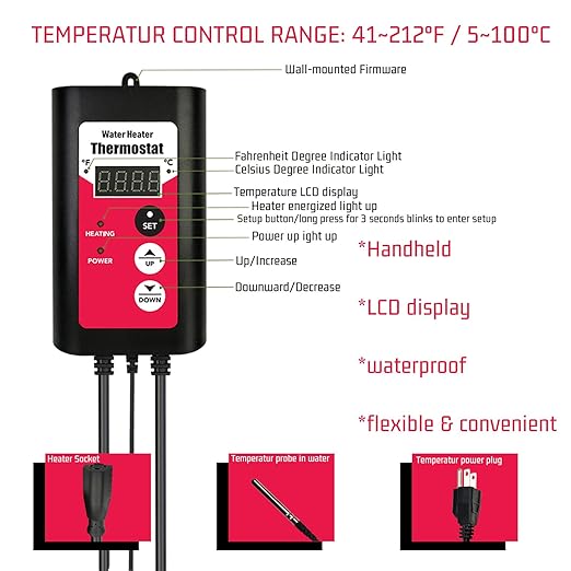 1800W Immersion Electric Submersible Water Heater with Temp Control & GFCI – Portable Heater for Hot Tub, Swimming Pool, Above-Ground Pool, Inflatable Pool, Baptistry, baptismal Pool & spa