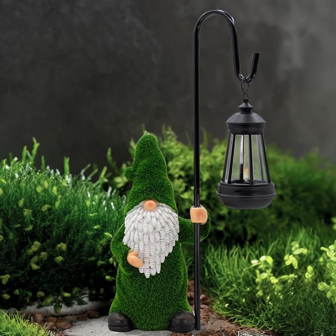 Garden Gnome with Solar Lantern, Grass-Like Flocked Hat, Outdoor Garden Figurine Lights, Unique Gift for Women, Mom, Friends (Green Flocked Gnome)
