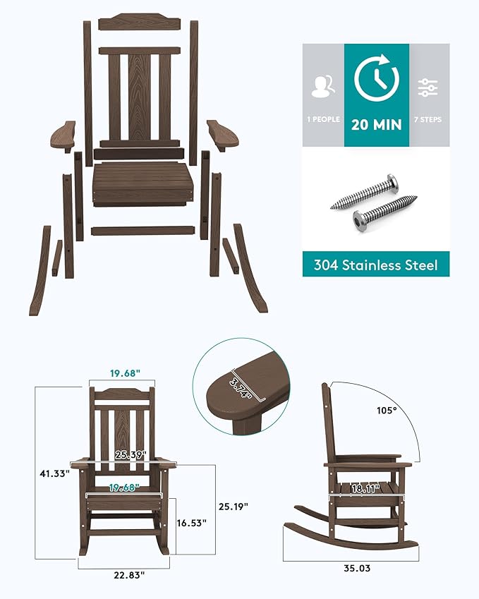 SERWALL Outdoor Rocking Chair Set of 8, Patio Rocking Chairs Set, HDPE Rocking Chair Outdoor for Adults, Heavy Duty Front Porch Rocker, Coffee