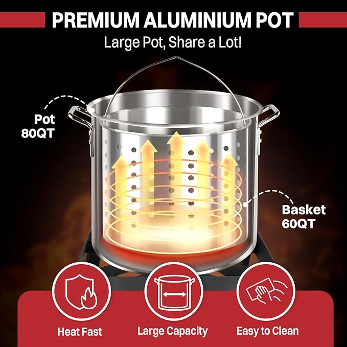 80QT Crawfish Boiler | Seafood Boiling Kit | Dustproof Cover & 16" Skimmer Included | 110,000BTU Propane Jet Burner | 0-20 PSI CSA Certified Regulator | Crab Boil Pot for Outdoor Backyard Cooking