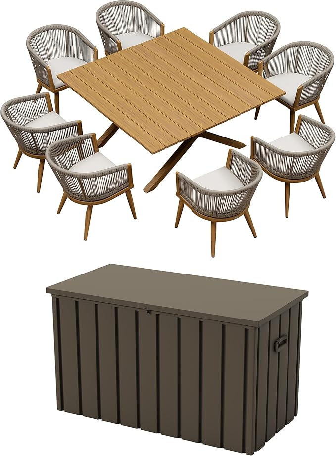 PURPLE LEAF Outdoor Dining Set for 8 with Brown Storage Box All-Weather Aluminum 9 Piece Furniture Sets with Woodgrain Large Square Table and Rope Weave Chairs Patio Set Teak Color